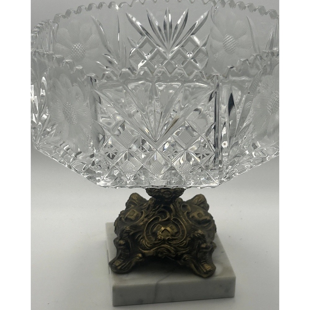 Italian Marble Brass PedestalCrystal Compote Centerpiece Bowl Ornate